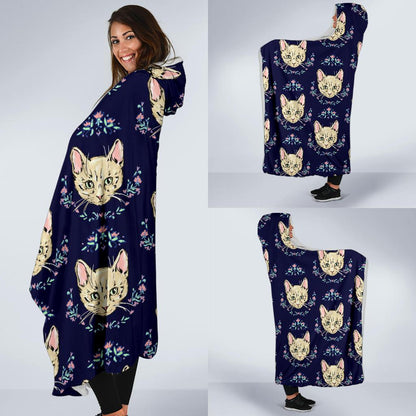 Cat Head with flower Print Pattern Hooded Blanket-JTAMIGO.COM