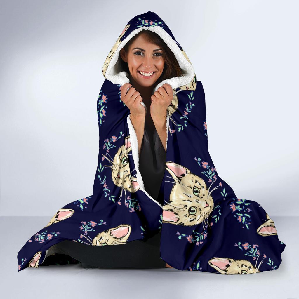 Cat Head with flower Print Pattern Hooded Blanket-JTAMIGO.COM