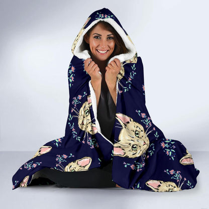 Cat Head with flower Print Pattern Hooded Blanket-JTAMIGO.COM