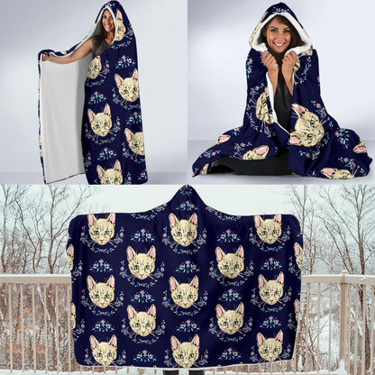 Cat Head with flower Print Pattern Hooded Blanket-JTAMIGO.COM