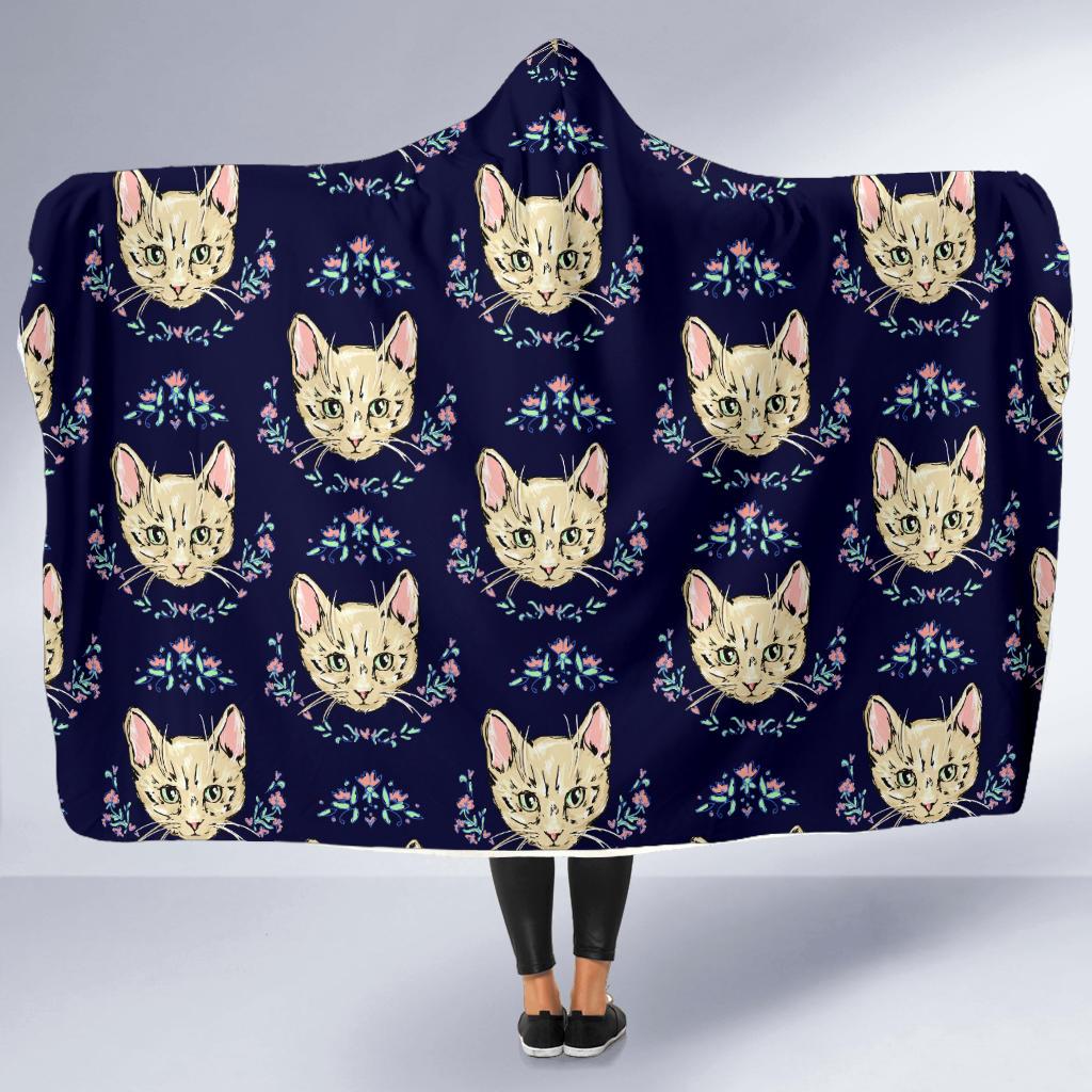Cat Head with flower Print Pattern Hooded Blanket-JTAMIGO.COM