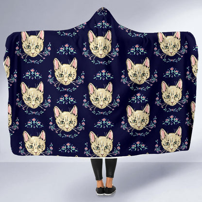 Cat Head with flower Print Pattern Hooded Blanket-JTAMIGO.COM
