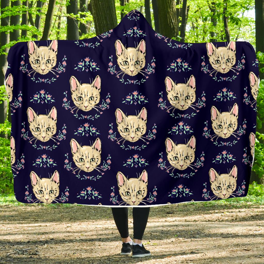 Cat Head with flower Print Pattern Hooded Blanket-JTAMIGO.COM