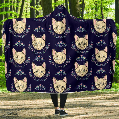 Cat Head with flower Print Pattern Hooded Blanket-JTAMIGO.COM