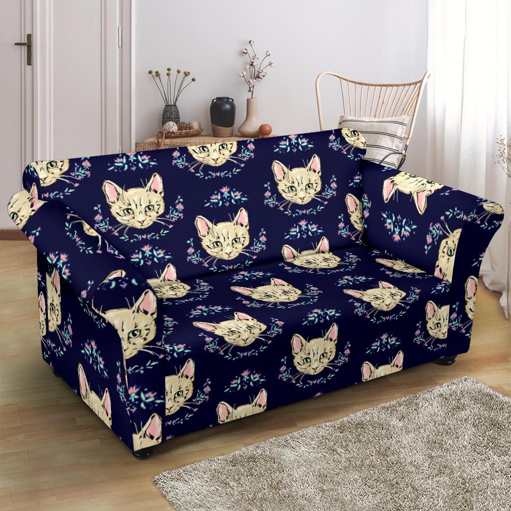 Cat Head with flower Print Pattern Loveseat Slipcover-JTAMIGO.COM