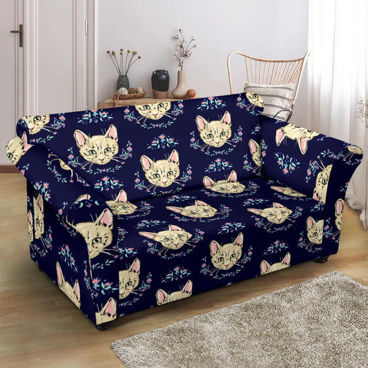 Cat Head with flower Print Pattern Loveseat Slipcover-JTAMIGO.COM