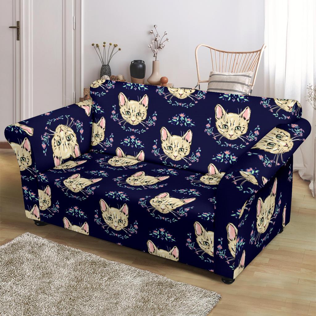 Cat Head with flower Print Pattern Loveseat Slipcover-JTAMIGO.COM