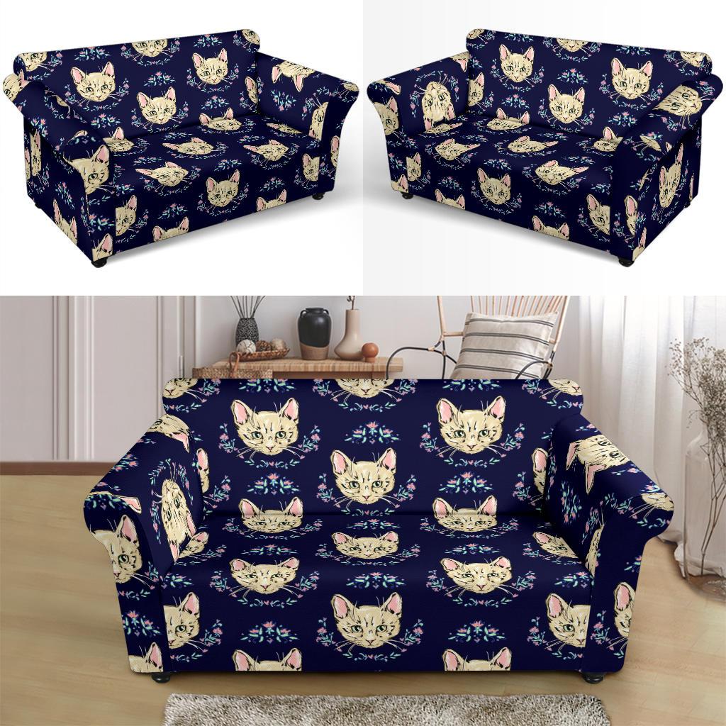 Cat Head with flower Print Pattern Loveseat Slipcover-JTAMIGO.COM
