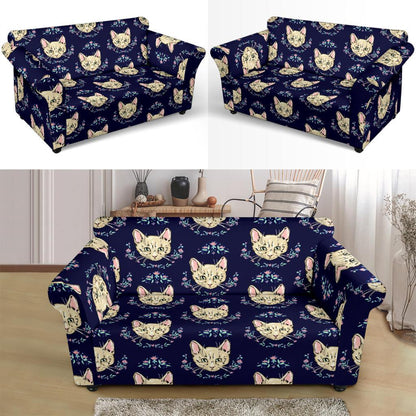 Cat Head with flower Print Pattern Loveseat Slipcover-JTAMIGO.COM