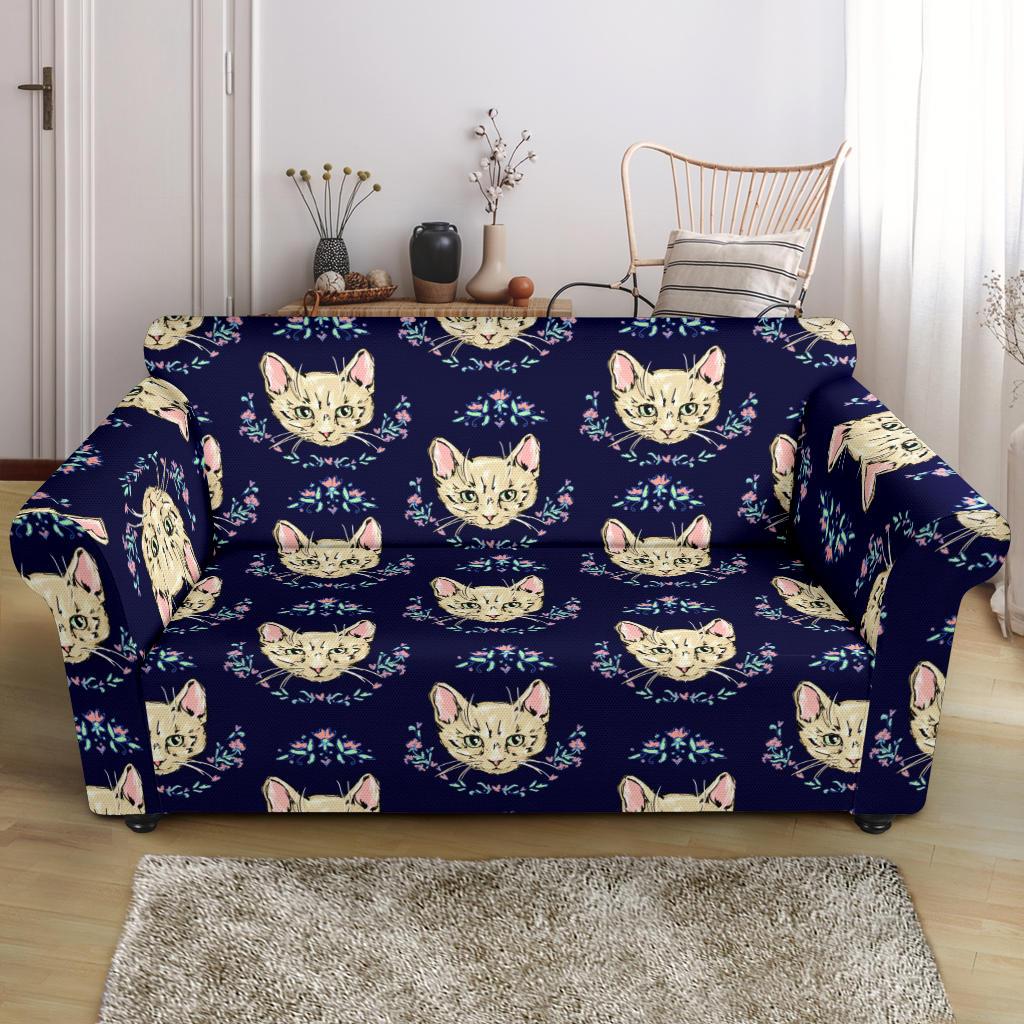 Cat Head with flower Print Pattern Loveseat Slipcover-JTAMIGO.COM