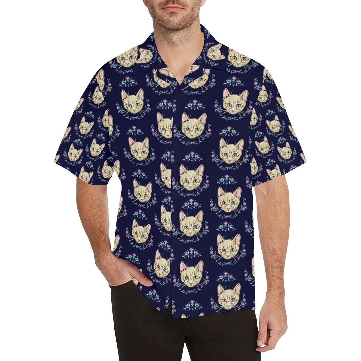 Cat Head with flower Print Pattern Men Aloha Hawaiian Shirt