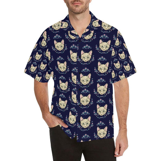 Cat Head with flower Print Pattern Men Aloha Hawaiian Shirt