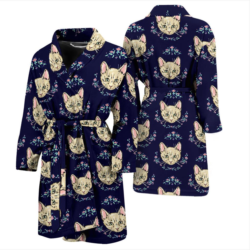 Cat Head with flower Print Pattern Men Bath Robe-JTAMIGO.COM