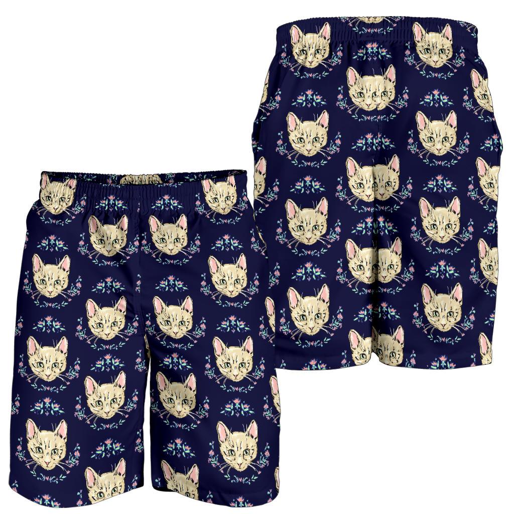 Cat Head with flower Print Pattern Mens Shorts-JTAMIGO.COM