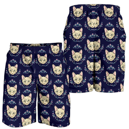 Cat Head with flower Print Pattern Mens Shorts-JTAMIGO.COM