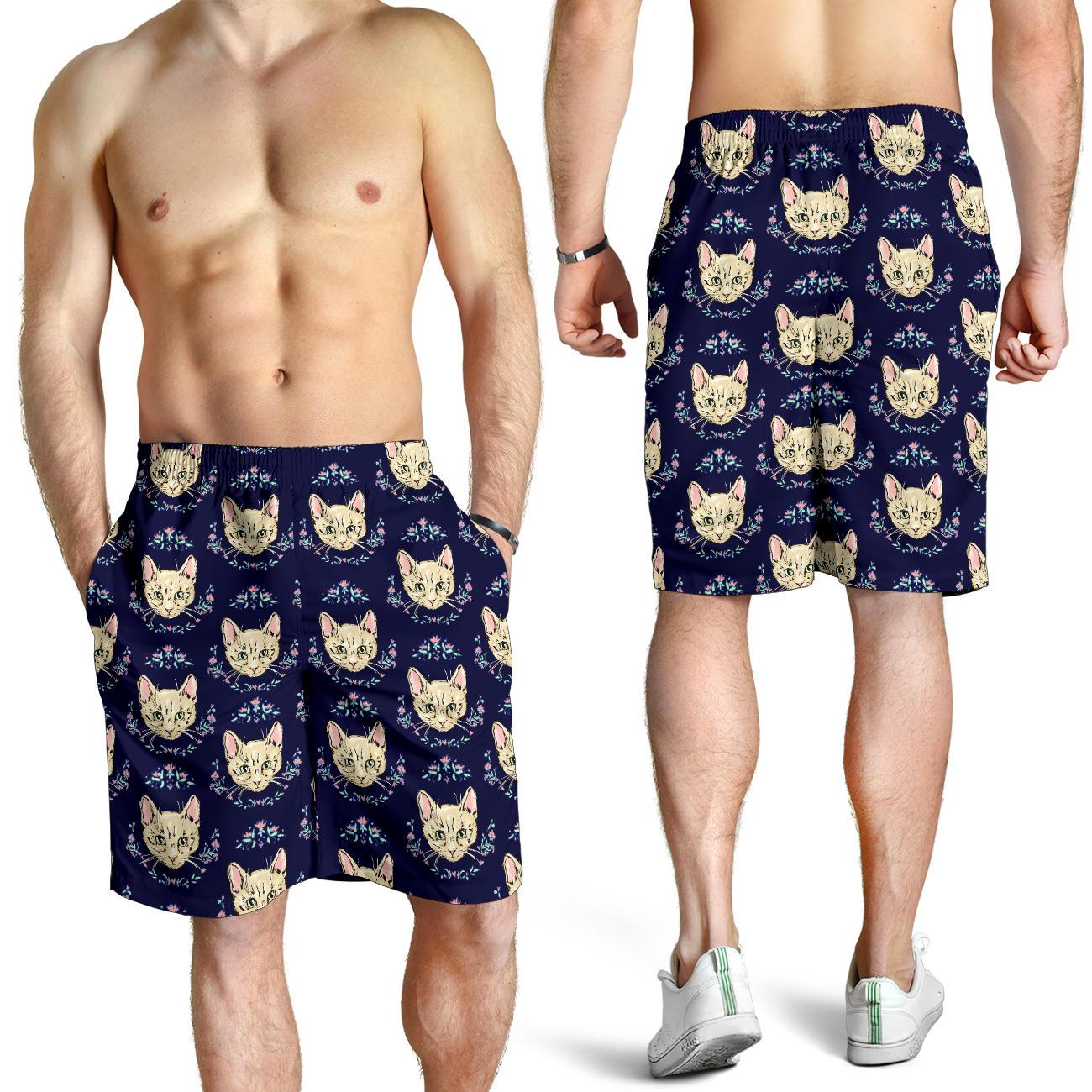 Cat Head with flower Print Pattern Mens Shorts-JTAMIGO.COM