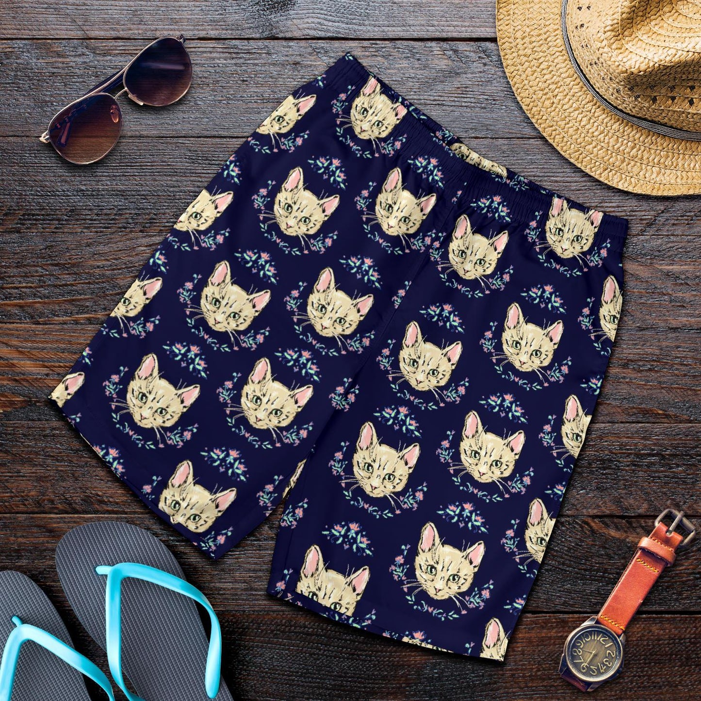 Cat Head with flower Print Pattern Mens Shorts-JTAMIGO.COM