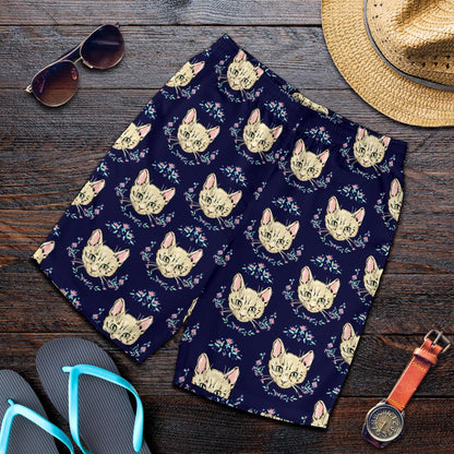 Cat Head with flower Print Pattern Mens Shorts-JTAMIGO.COM