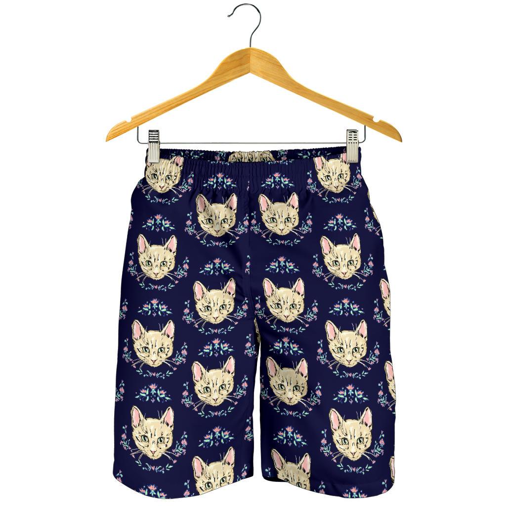 Cat Head with flower Print Pattern Mens Shorts-JTAMIGO.COM