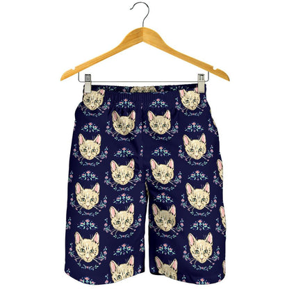 Cat Head with flower Print Pattern Mens Shorts-JTAMIGO.COM