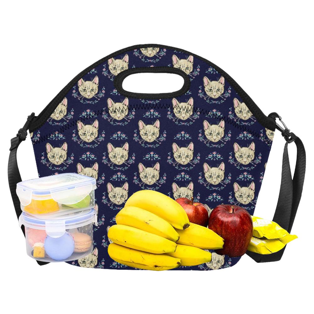 Cat Head with flower Print Pattern Neoprene Lunch Bag (Model 1669)(Large)-JTAMIGO.COM