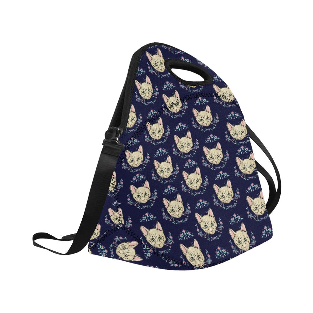 Cat Head with flower Print Pattern Neoprene Lunch Bag (Model 1669)(Large)-JTAMIGO.COM