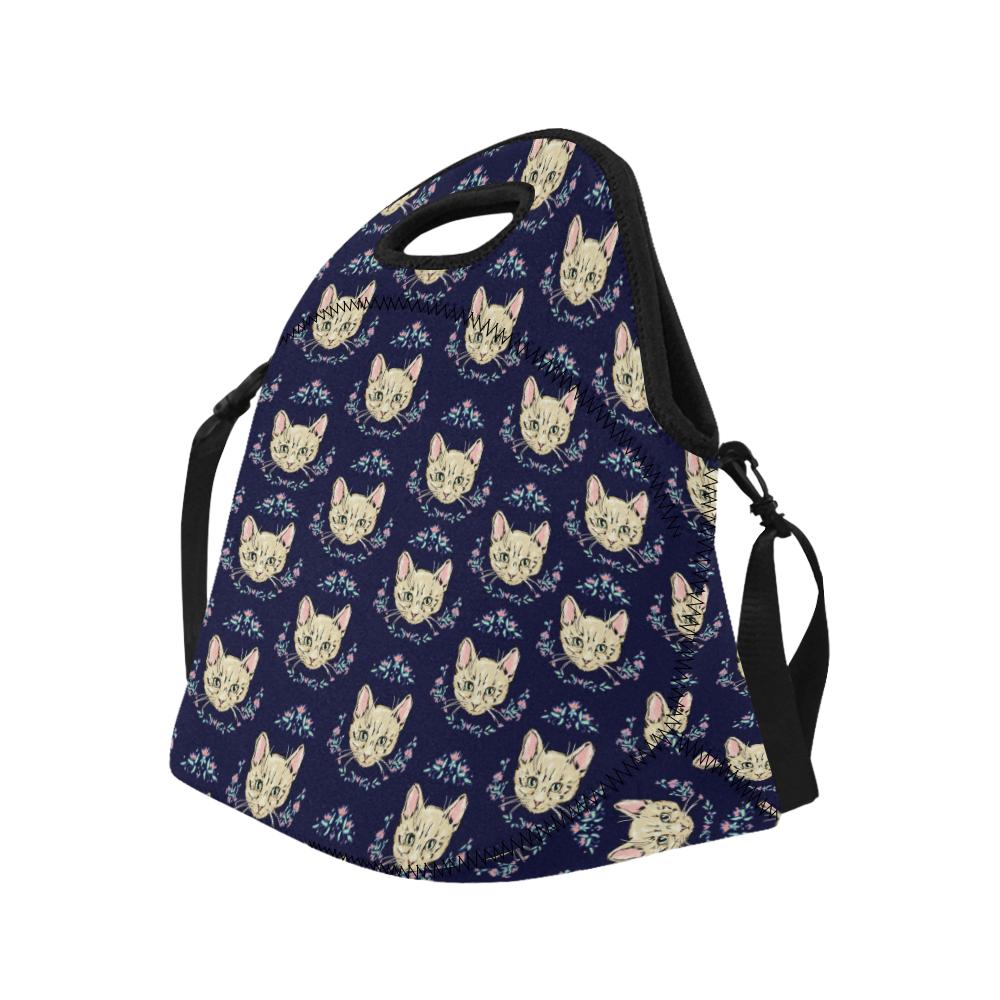 Cat Head with flower Print Pattern Neoprene Lunch Bag (Model 1669)(Large)-JTAMIGO.COM