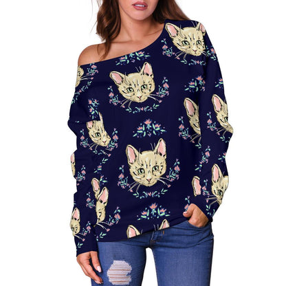 Cat Head With flower Print Pattern Off Shoulder Sweatshirt