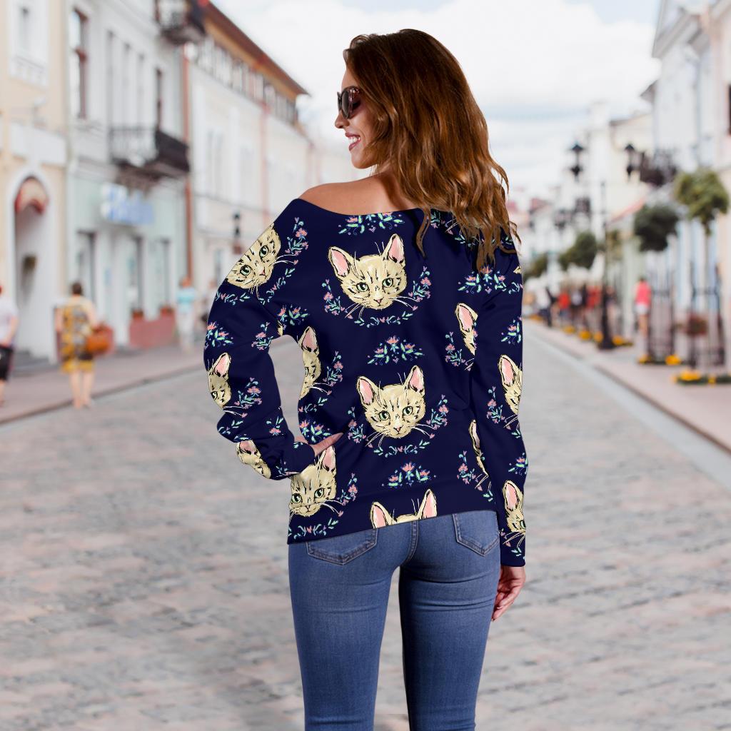 Cat Head With flower Print Pattern Off Shoulder Sweatshirt