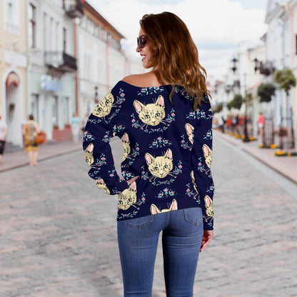 Cat Head With flower Print Pattern Off Shoulder Sweatshirt