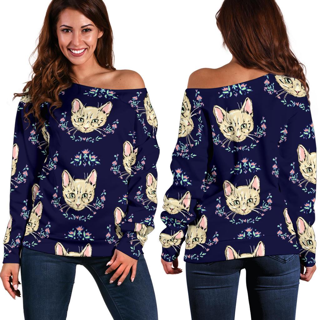 Cat Head With flower Print Pattern Off Shoulder Sweatshirt