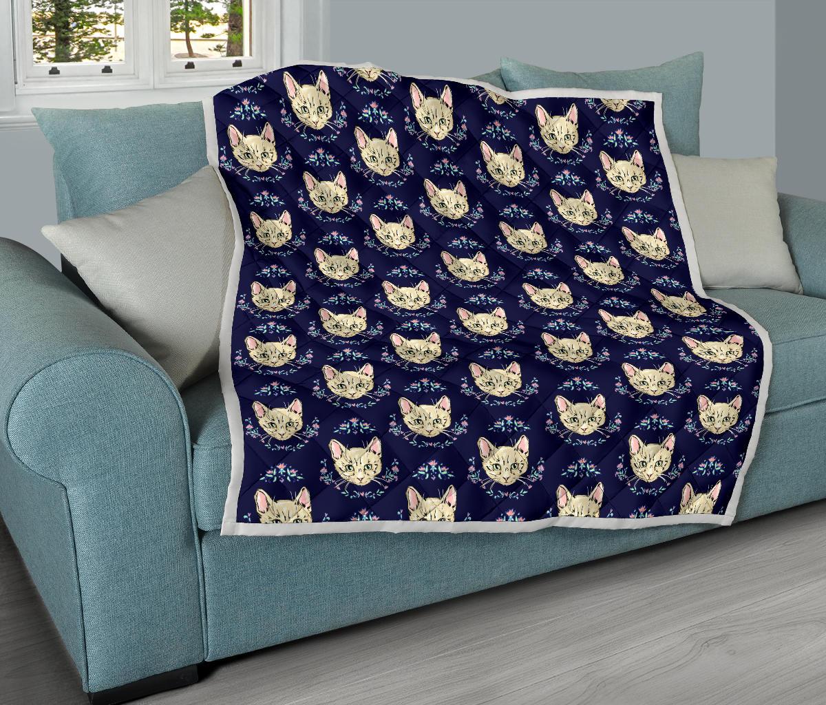 Cat Head with flower Print Pattern Premium Quilt-JTAMIGO.COM