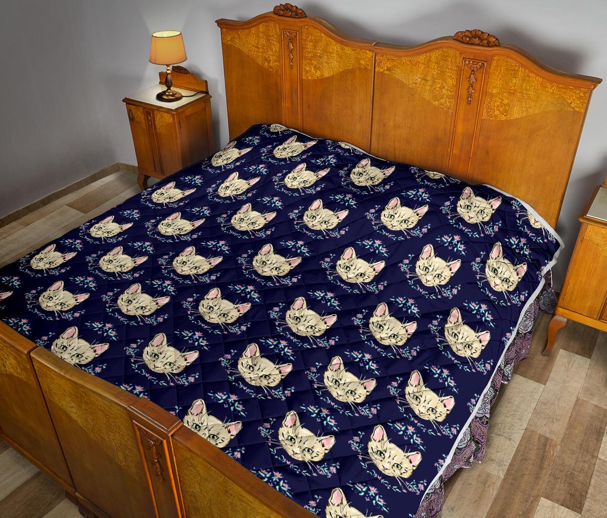 Cat Head with flower Print Pattern Premium Quilt-JTAMIGO.COM