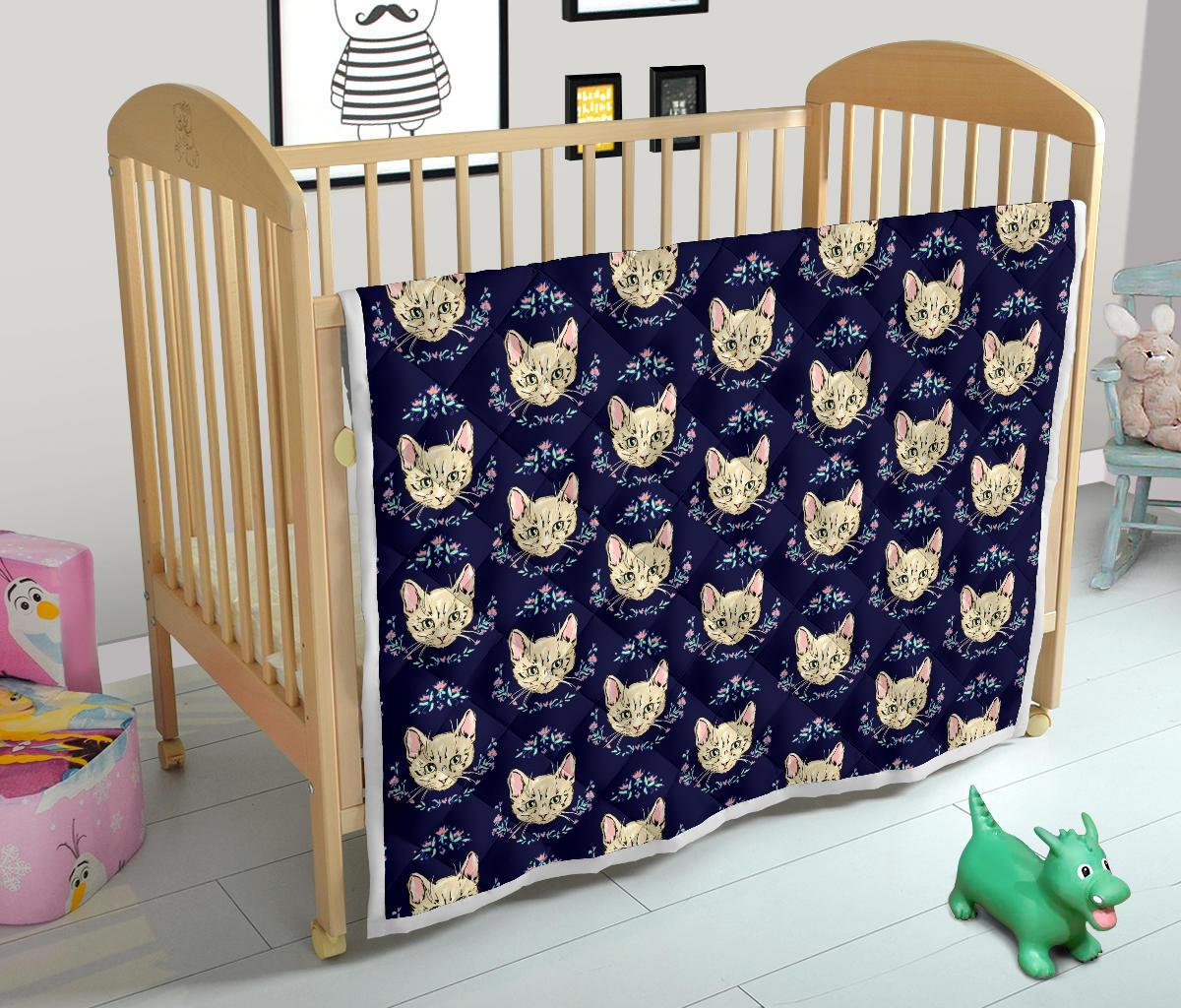 Cat Head with flower Print Pattern Premium Quilt-JTAMIGO.COM