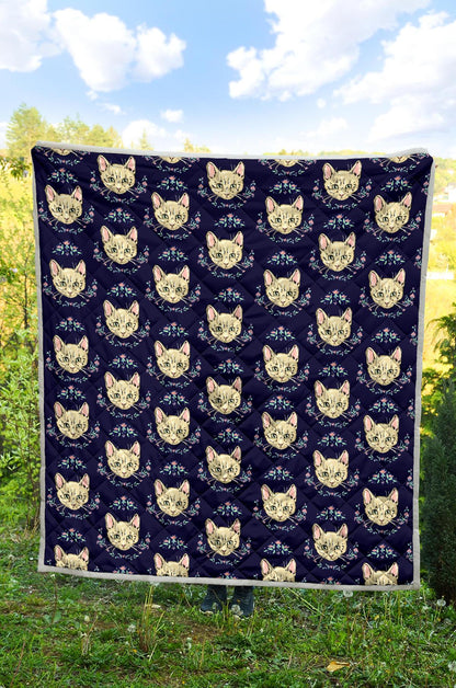Cat Head with flower Print Pattern Premium Quilt-JTAMIGO.COM