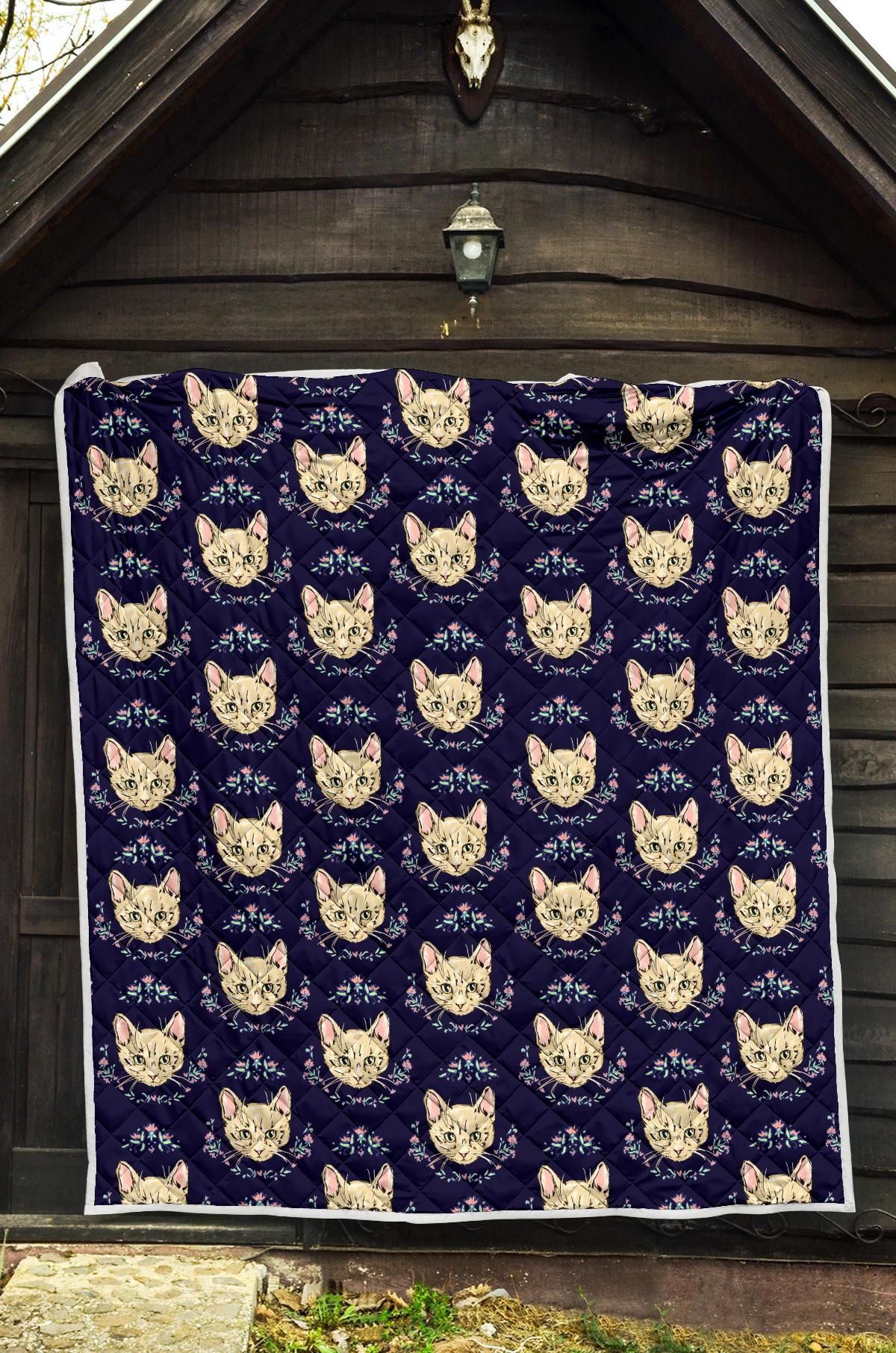 Cat Head with flower Print Pattern Premium Quilt-JTAMIGO.COM