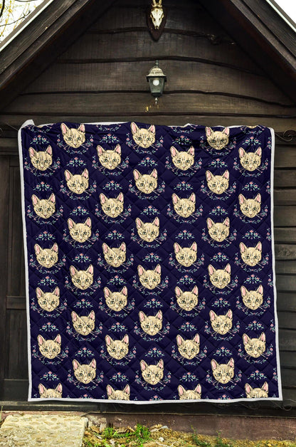 Cat Head with flower Print Pattern Premium Quilt-JTAMIGO.COM
