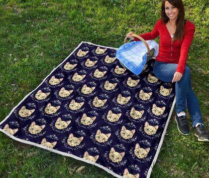Cat Head with flower Print Pattern Premium Quilt-JTAMIGO.COM