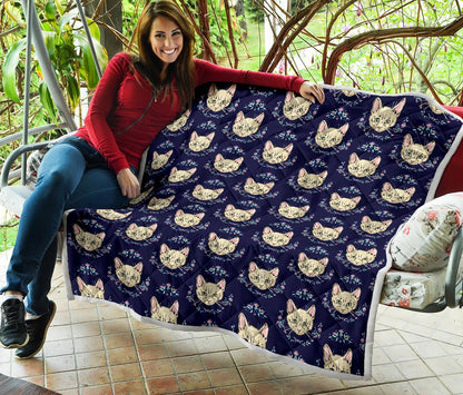 Cat Head with flower Print Pattern Premium Quilt-JTAMIGO.COM