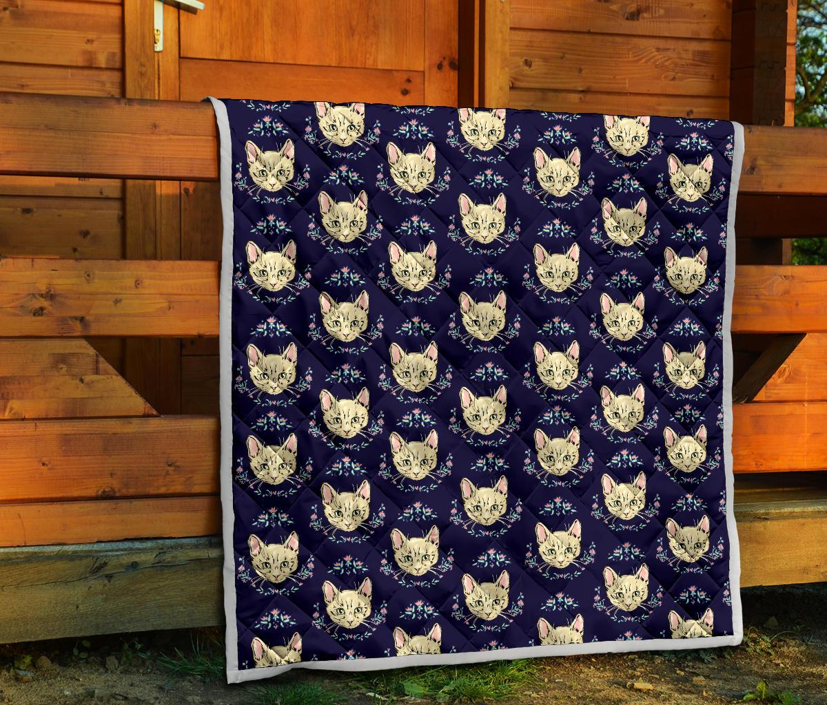Cat Head with flower Print Pattern Premium Quilt-JTAMIGO.COM
