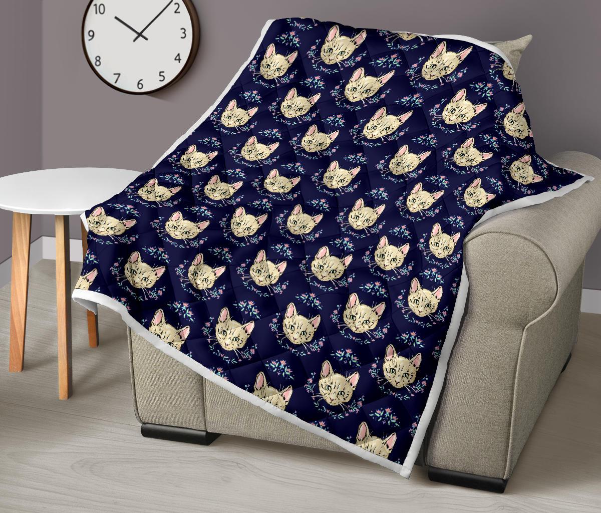 Cat Head with flower Print Pattern Premium Quilt-JTAMIGO.COM
