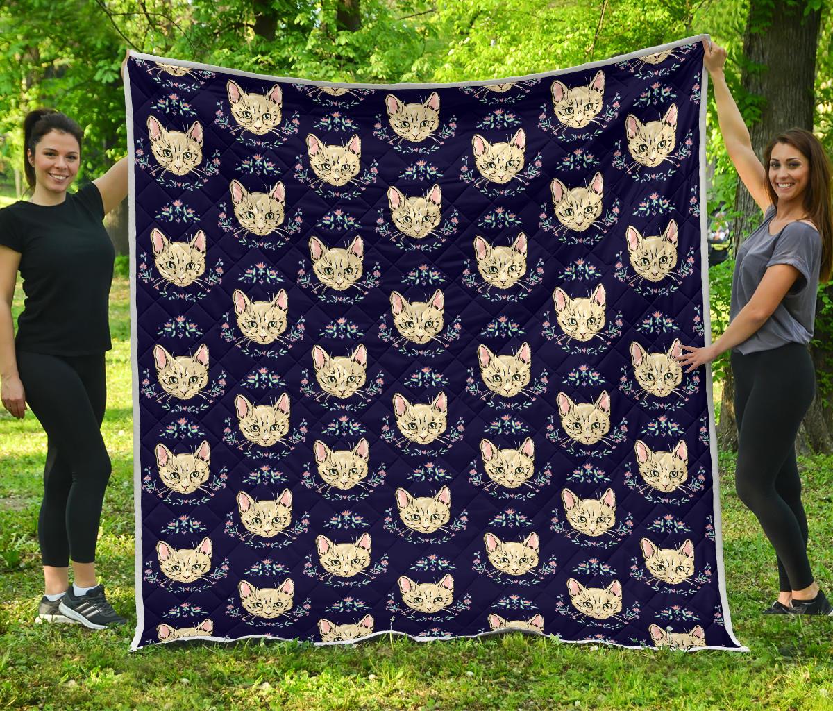Cat Head with flower Print Pattern Premium Quilt-JTAMIGO.COM