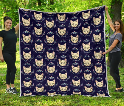 Cat Head with flower Print Pattern Premium Quilt-JTAMIGO.COM