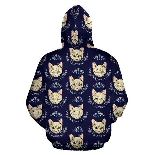 Cat Head with flower Print Pattern Pullover Hoodie