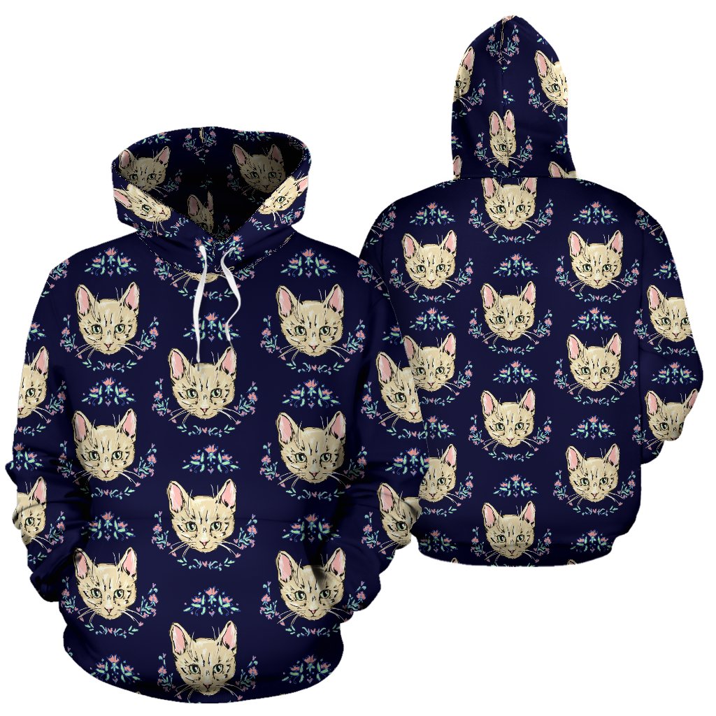 Cat Head with flower Print Pattern Pullover Hoodie
