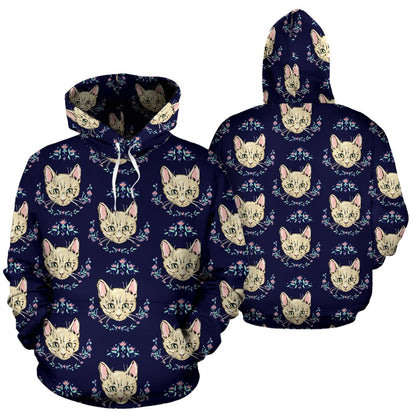 Cat Head with flower Print Pattern Pullover Hoodie