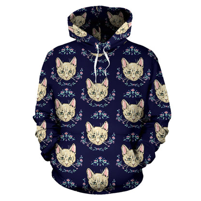 Cat Head with flower Print Pattern Pullover Hoodie