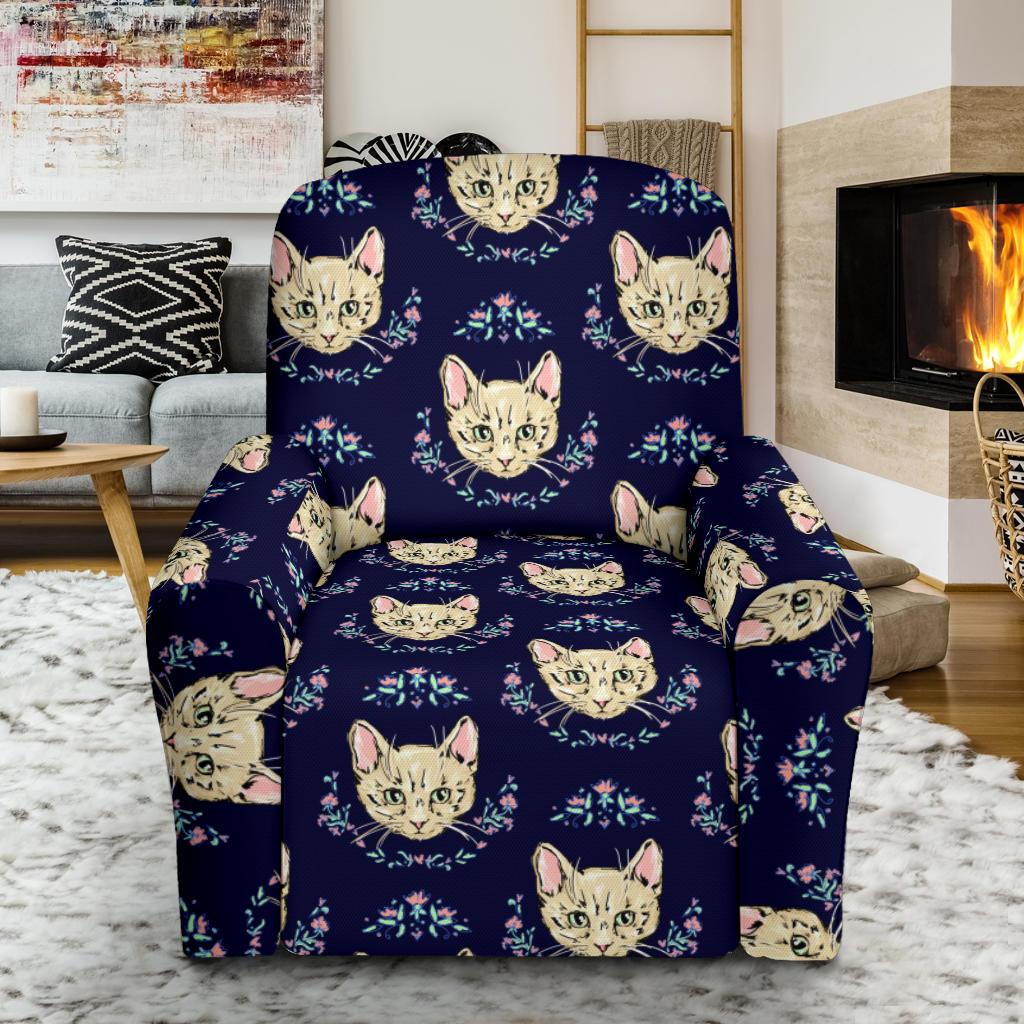 Cat Head with flower Print Pattern Single Sofa Slipcover -JTAMIGO.COM