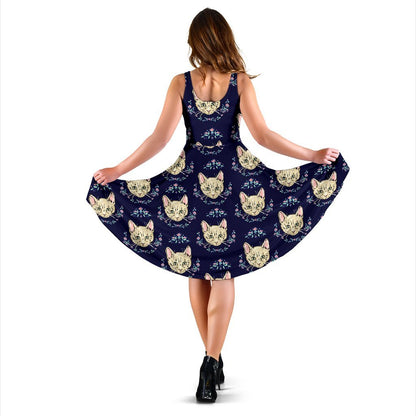 Cat Head With Flower Print Pattern Sleeveless Dress