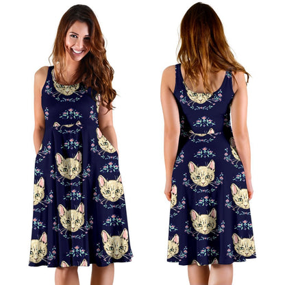 Cat Head With Flower Print Pattern Sleeveless Dress